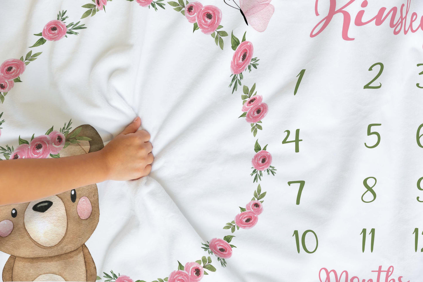 Personalized Floral Bear Milestone Blanket, Girl Woodland Blanket - Beary Pink