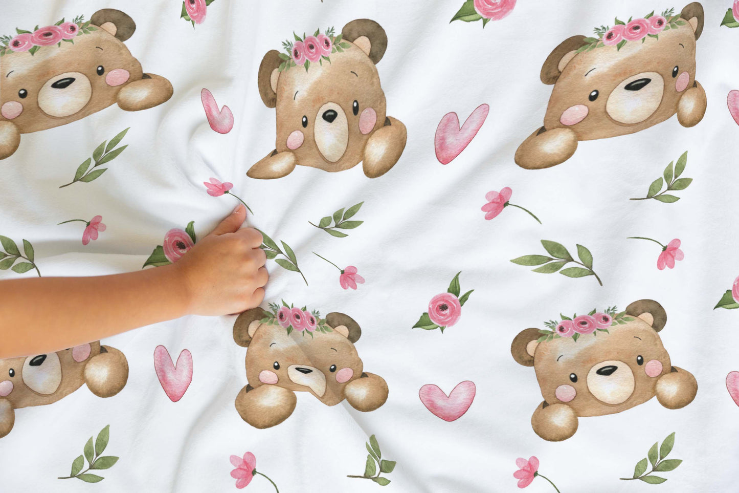 Floral Bear Minky Blanket - Girl Bear Nursery Bedding - Beary Pink