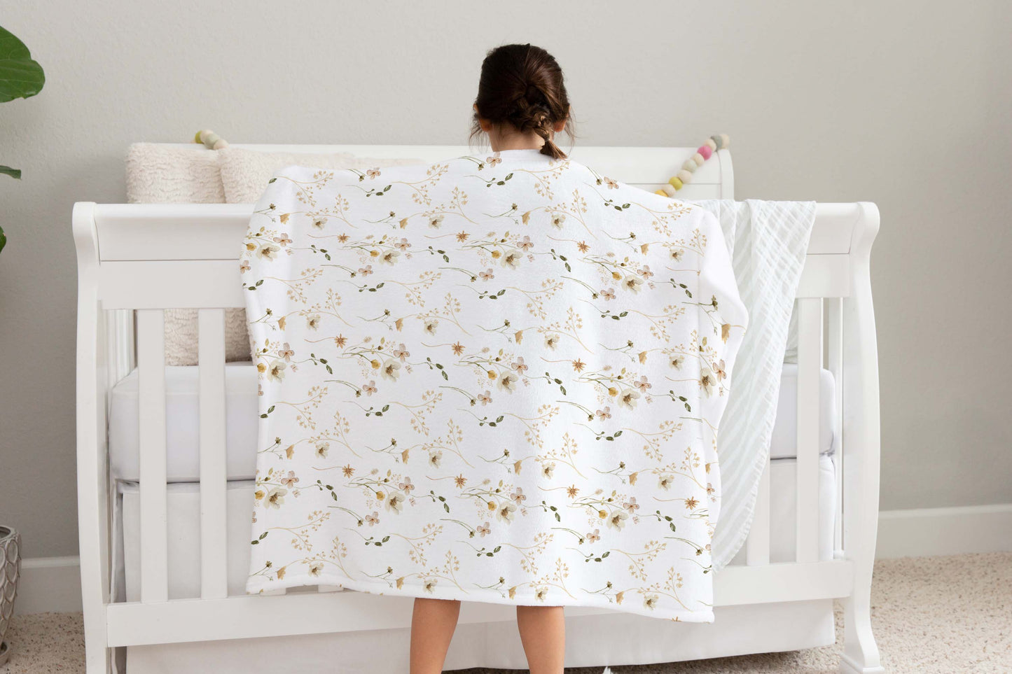 Wildflowers Blanket, Boho Floral Nursery Bedding - Mustard Wildflowers