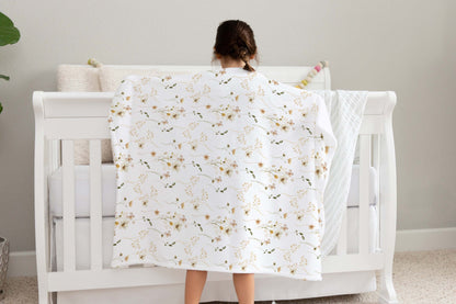 Wildflowers Blanket, Boho Floral Nursery Bedding - Mustard Wildflowers