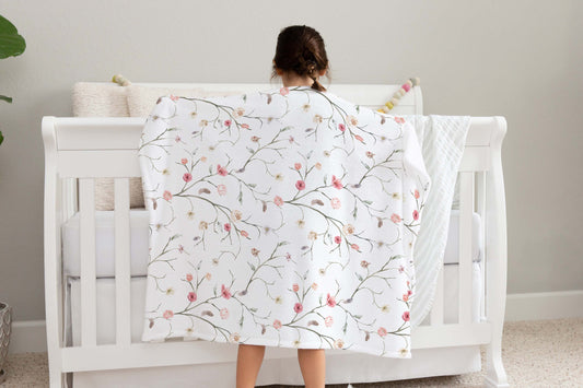 Boho Floral Blanket, Floral Nursery Bedding - Blush Wildflowers