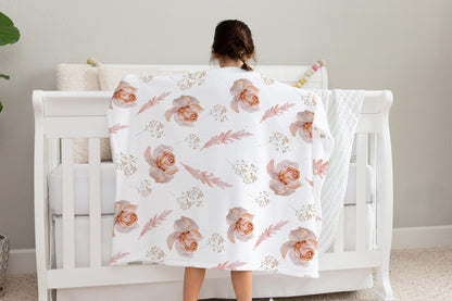 Roses Minky Blanket, Coral floral nursery bedding - Delicate Breeze