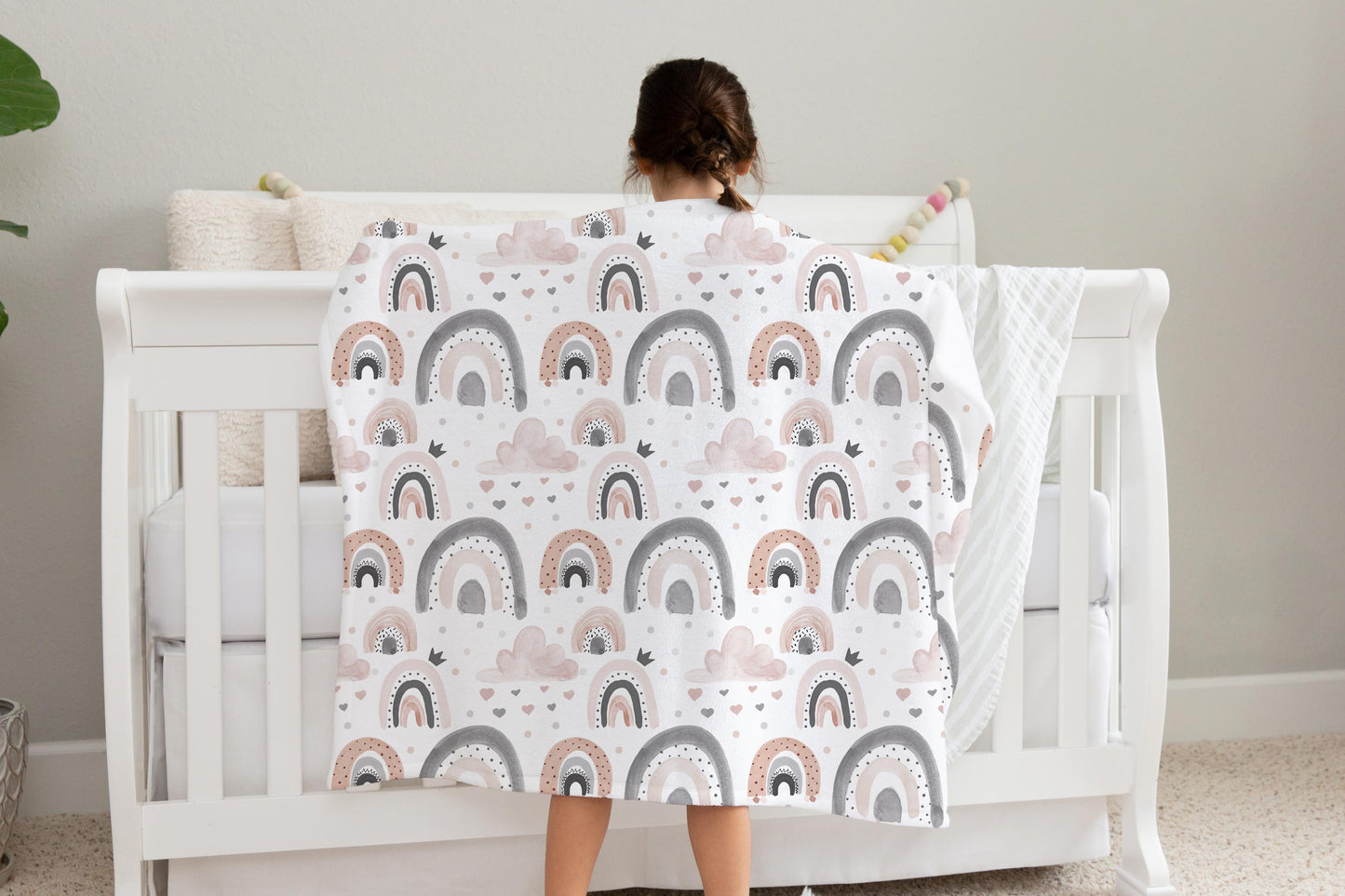 Clouds and Rainbow Minky Blanket, Rainbow Nursery Bedding - Blush Rainbow