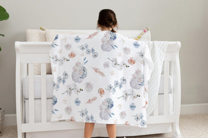 Coral and Dusty Blue Flowers Minky Blanket, Floral Nursery Bedding - Delicate Breeze