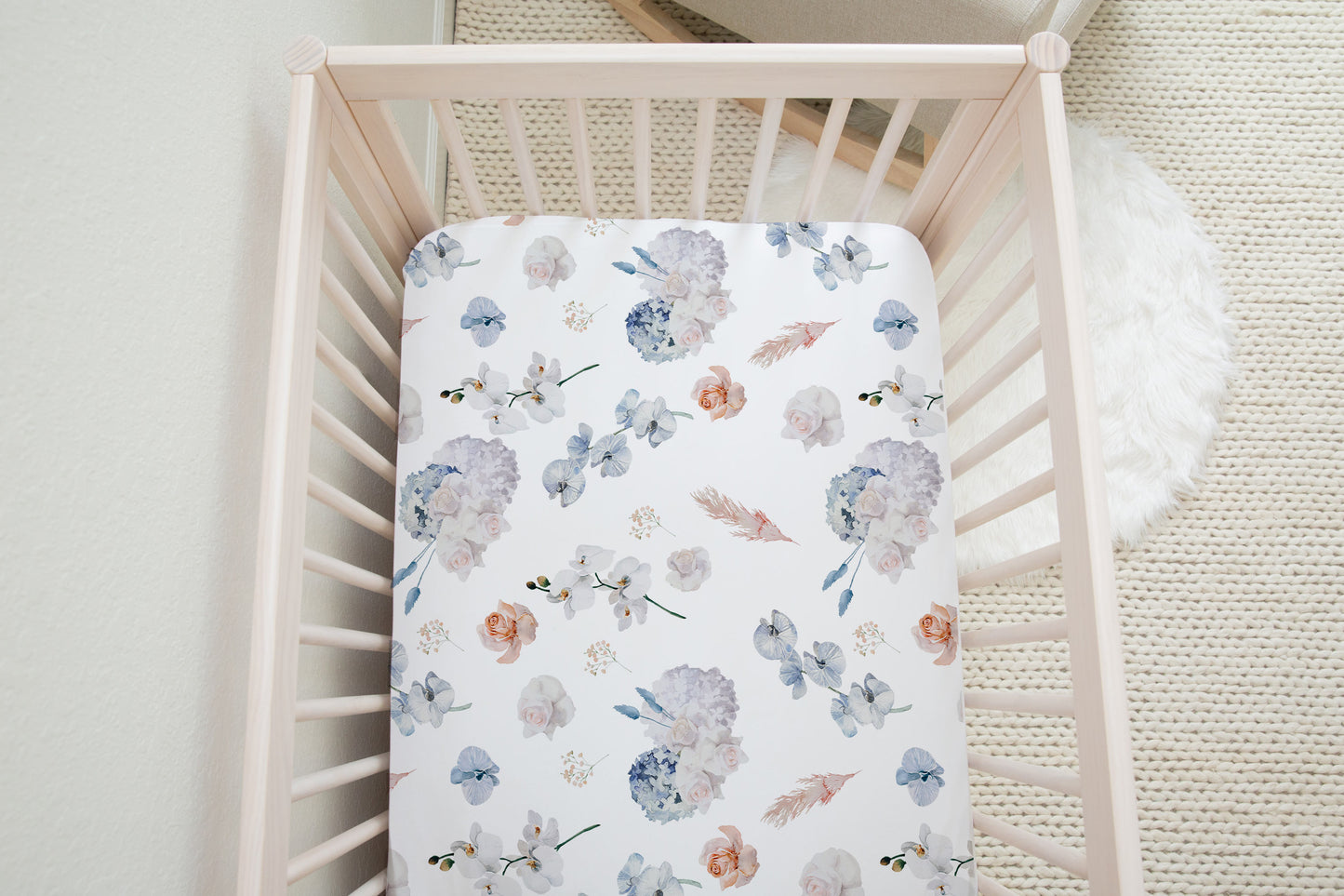 Coral and Dusty Blue Flowers Crib Sheet, Flora Nursery Bedding -Delicate Breeze