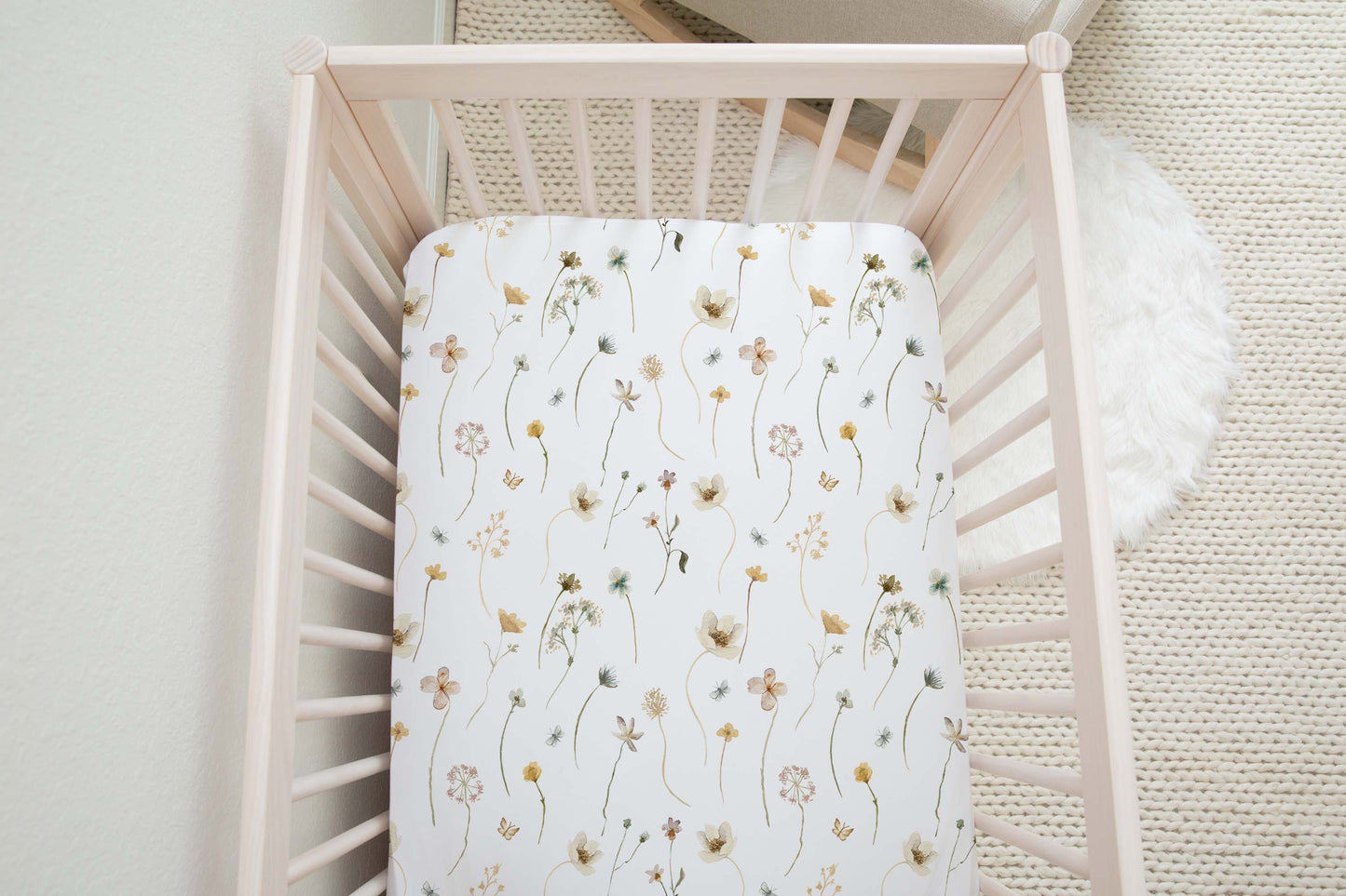 Wild Flower Crib Sheet, Floral Girl Nursery Bedding - Mustard Wildflowers