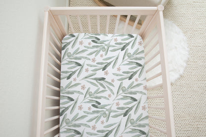 Floral Olives Crib Sheet, Greenery Nursery Bedding