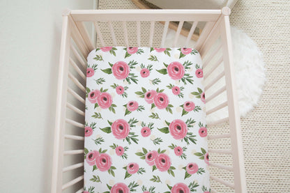 Pink Floral Crib Sheet, Roses Nursery Bedding - Beary pink