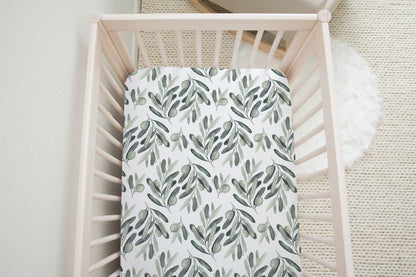 Olives Banches Crib Sheet, Greenery Nursery Bedding