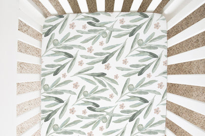 Floral Olives Crib Sheet, Greenery Nursery Bedding