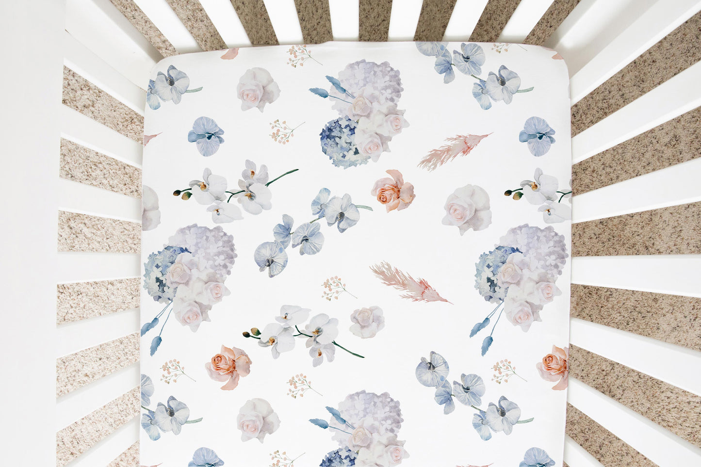 Coral and Dusty Blue Flowers Crib Sheet, Flora Nursery Bedding -Delicate Breeze