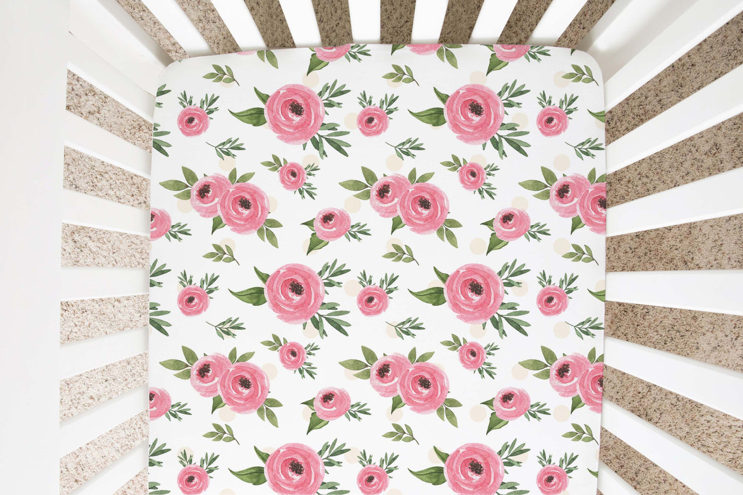 Pink Floral Crib Sheet, Roses Nursery Bedding - Beary pink