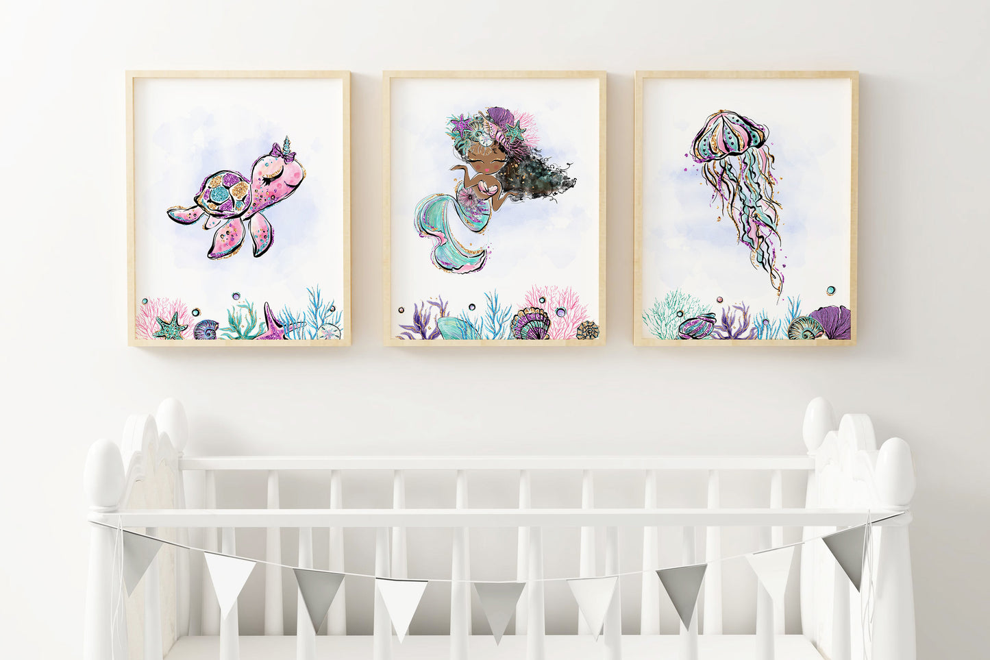 Mermaid Wall Art, Under The Sea Nursery Prints Set of 3 - Mermaid World