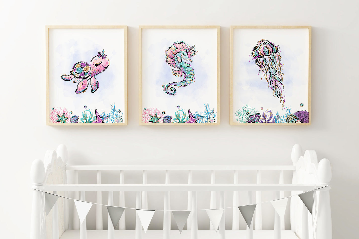 Girl Under The Sea Nursery Prints | Girl Ocean Wall Art Set of 3 - Mermaid World