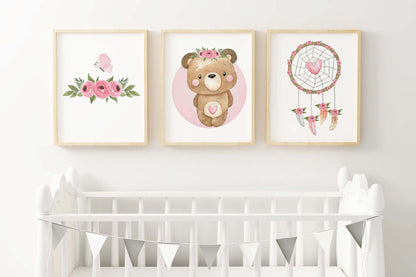 Floral Bear Wall Art, Girl Bear Nursery Prints set of 3 - Beary Pink