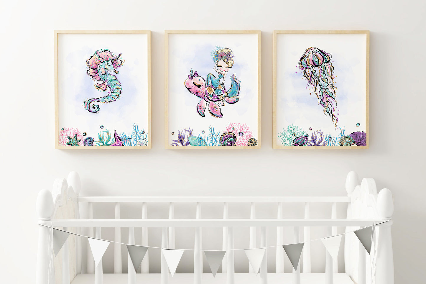 Mermaid Nursery Prints, Under The Sea Wall Art Set of 3 - Mermaid World