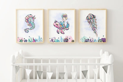 Mermaid Nursery Prints, Under The Sea Wall Art Set of 3 - Mermaid World