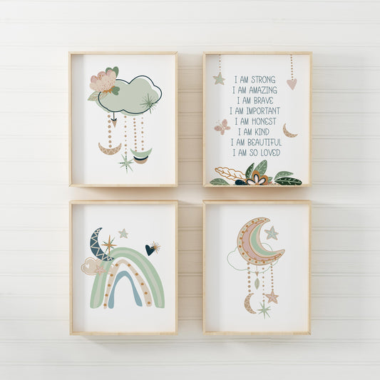 Positive Affirmations Wall Art, Boho Nursery Prints Set of 4