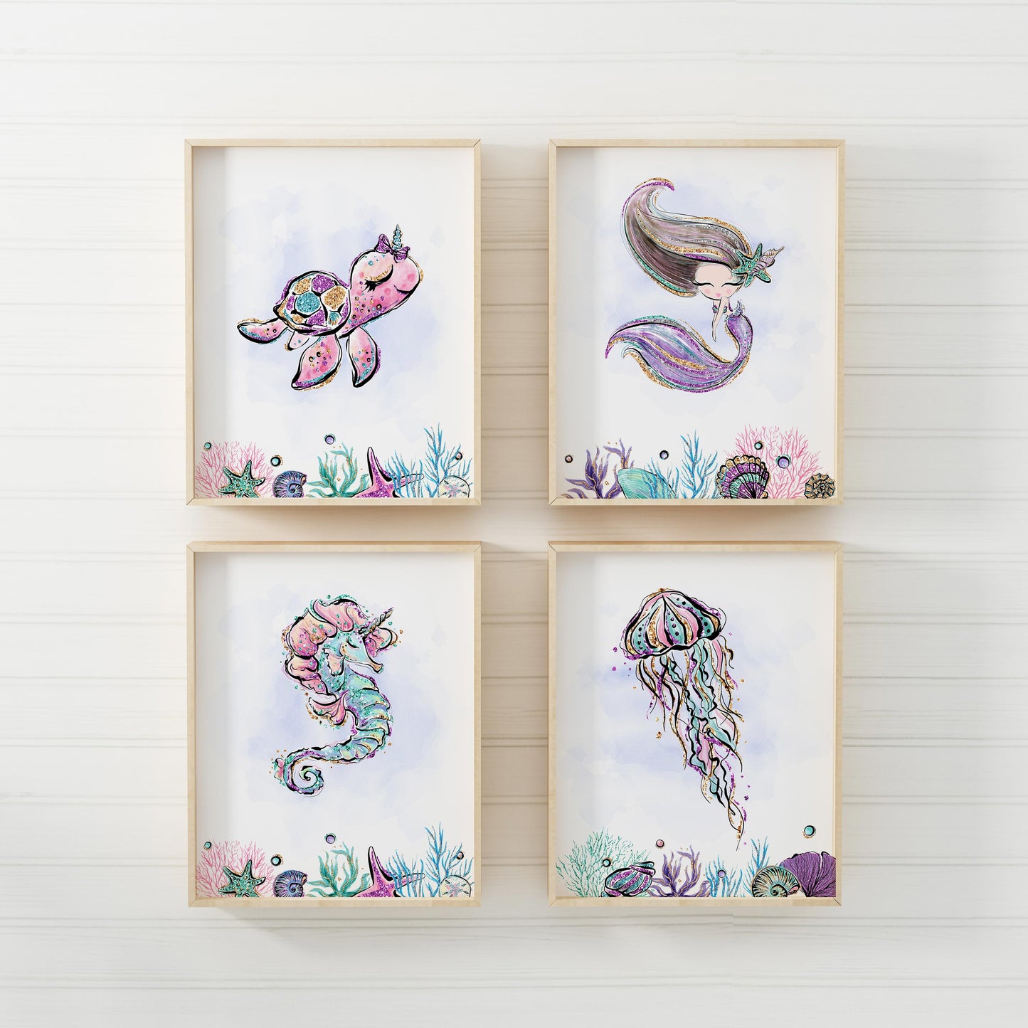 Mermaid Nursery Prints, Under The Sea Wall Art Set of 4 - Mermaid World