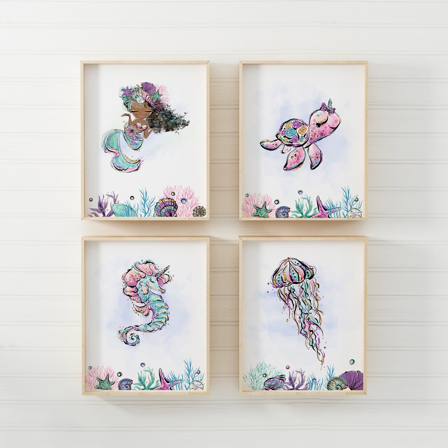 Mermaid Nursery Prints, Under The Sea Wall Art Set of 4 - Mermaid World