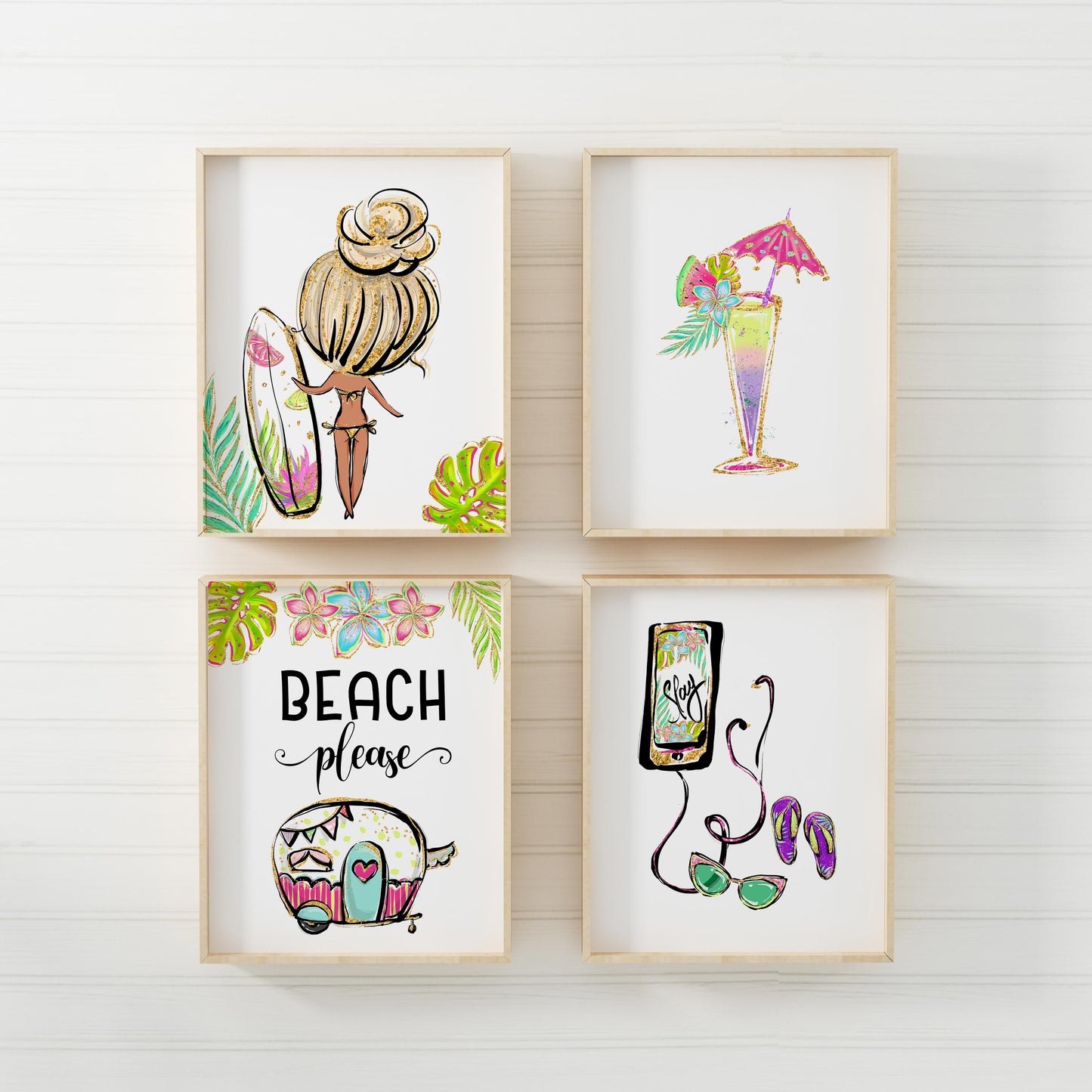 Beach Please Wall Art, Tropical Nursery Prints Set of 4