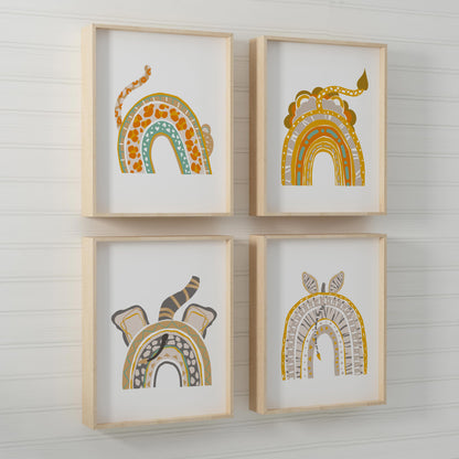 Rainbow Safari Wall Art, Jungle Nursery Prints Set of 4