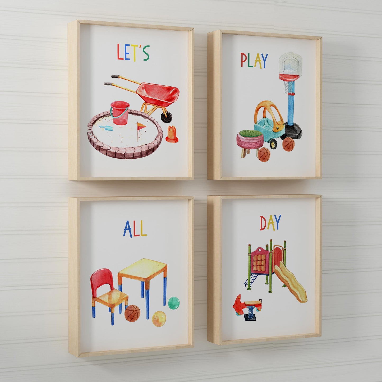 Let's play all day Wall Art, Playroom Nursery Prints Set of 4