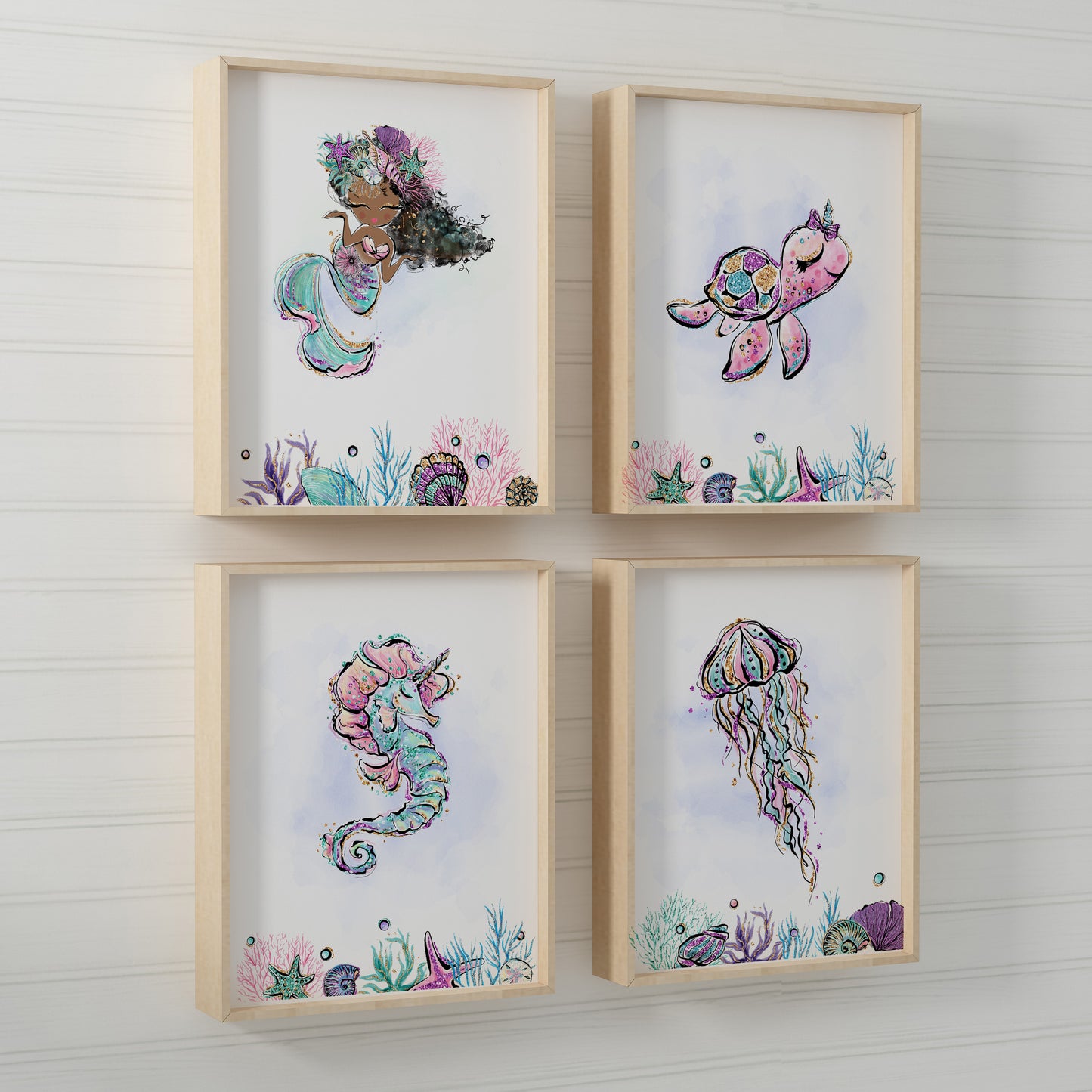 Mermaid Nursery Prints, Under The Sea Wall Art Set of 4 - Mermaid World