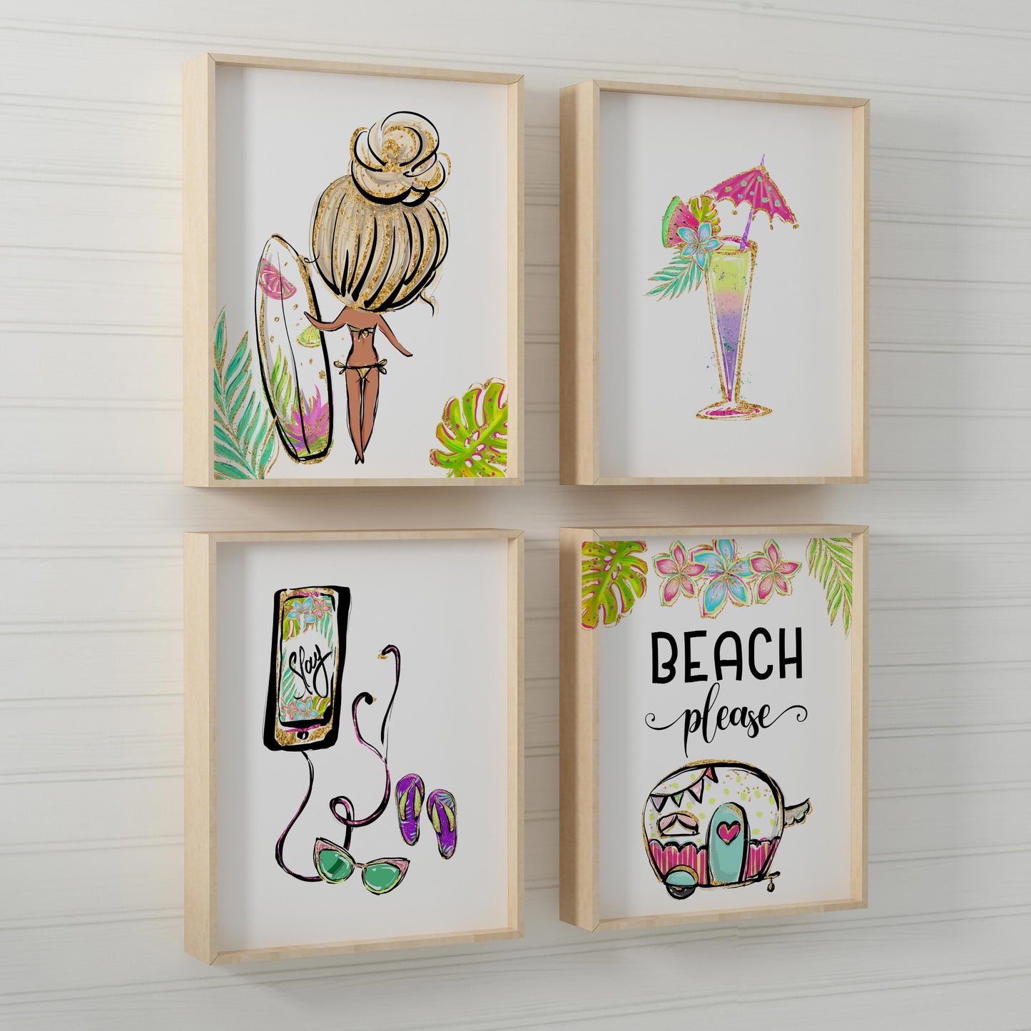 Beach Please Wall Art, Tropical Nursery Prints Set of 4