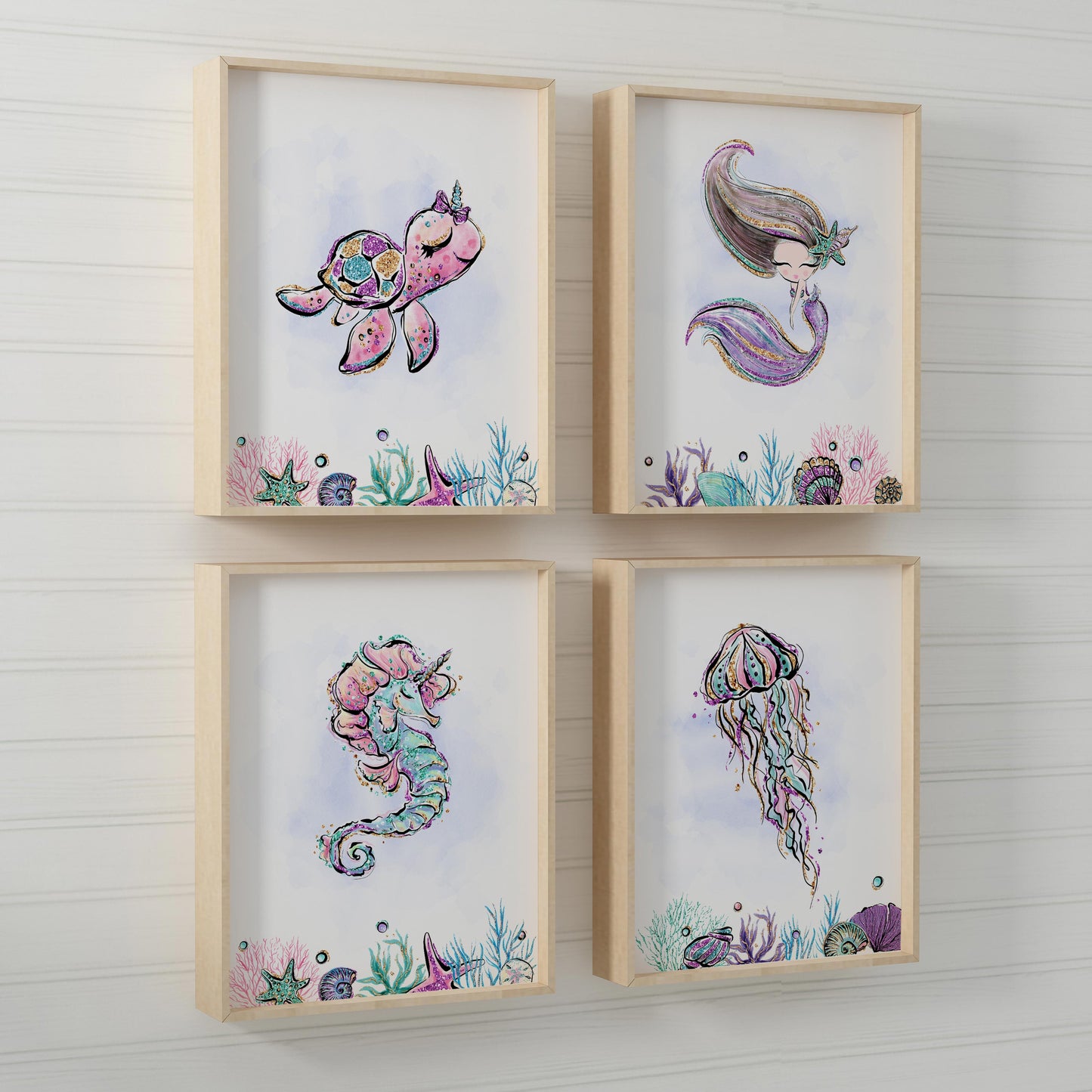 Mermaid Nursery Prints, Under The Sea Wall Art Set of 4 - Mermaid World