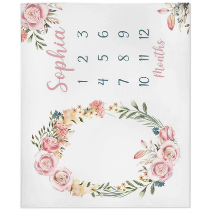 Personalized Pink Floral Minky Blanket, Watercolor Roses Milestone Blanklet - Candy Rose