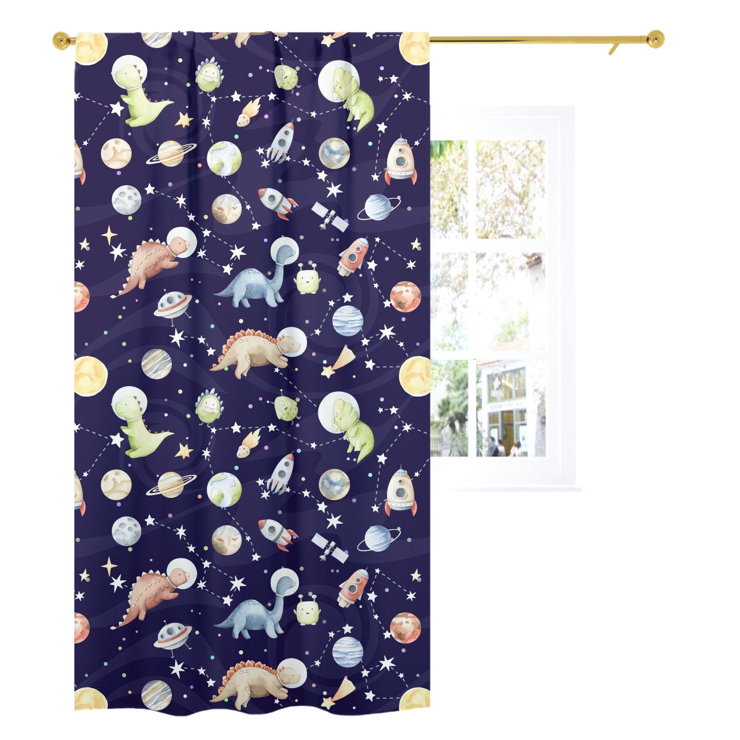 Dinosaur Space Curtain Single Panel, Space Nursery Decor