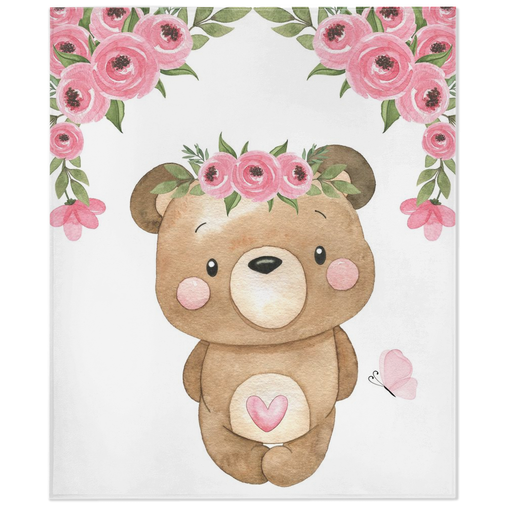 Floral Bear Minky Blanket - Girl Bear Nursery Bedding - Beary Pink