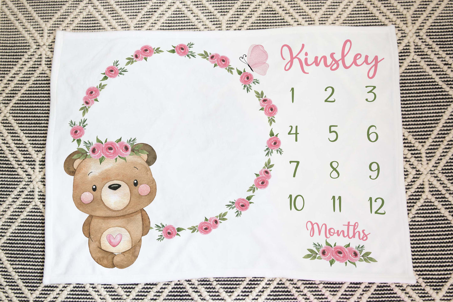 Personalized Floral Bear Milestone Blanket, Girl Woodland Blanket - Beary Pink