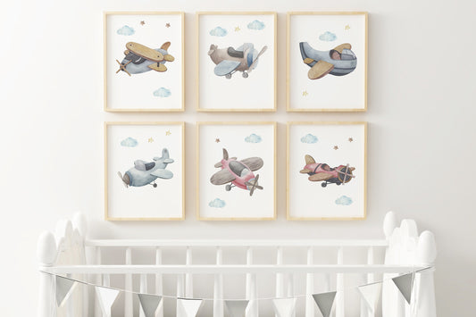 Airplanes Wall Art, Aviation Nursery Prints Set of 6 - Little Aviator