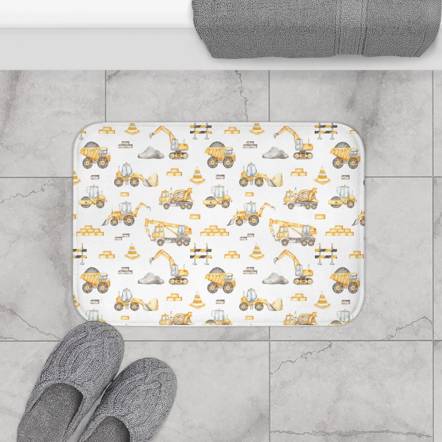 Construction Bath Mat, Anti-Slip backing, Construction trucks kids bathroom decor - Under construction