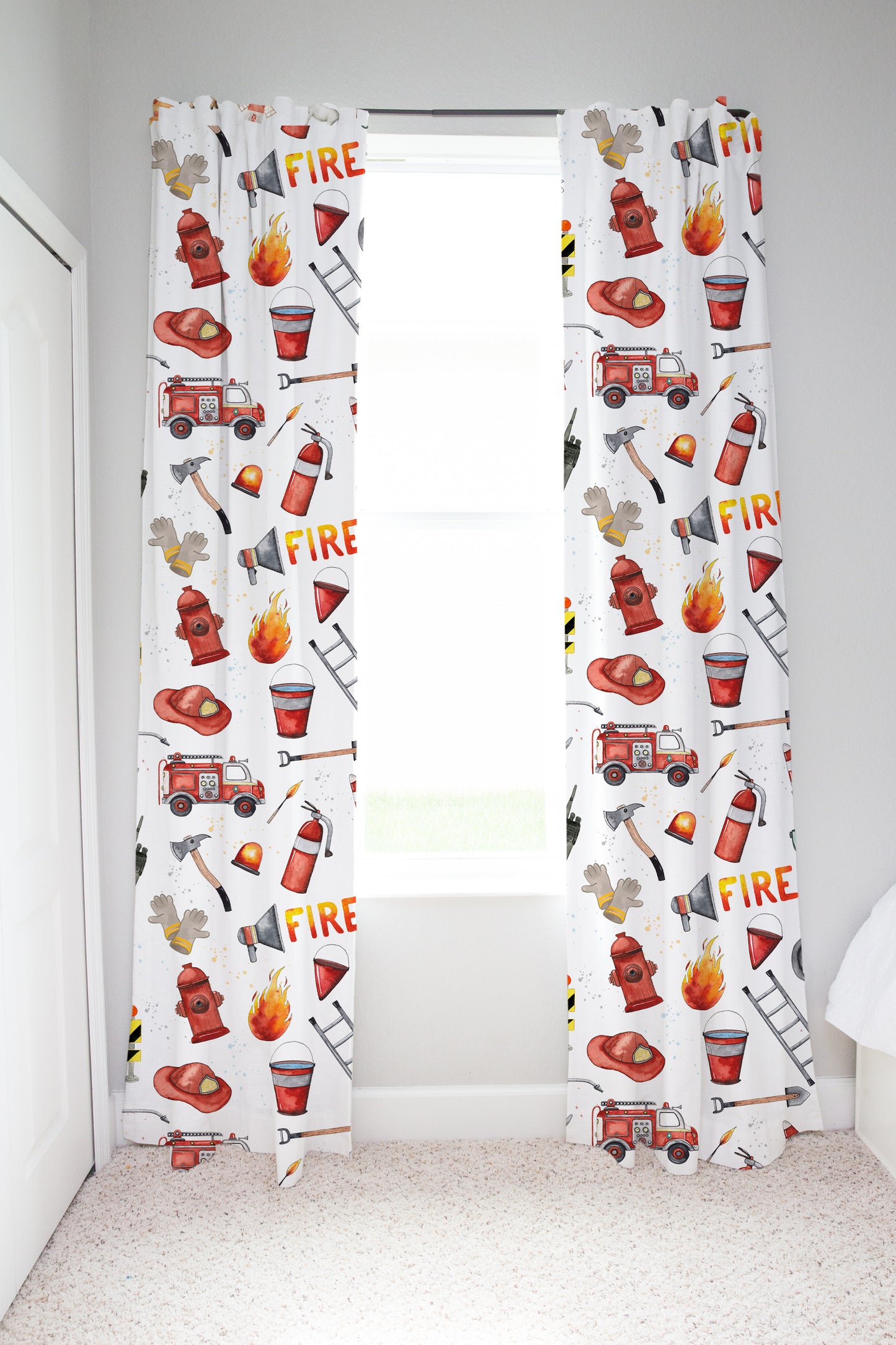 Fireman Curtain, Single Panel, Firefighter nursery decor - Little Hero