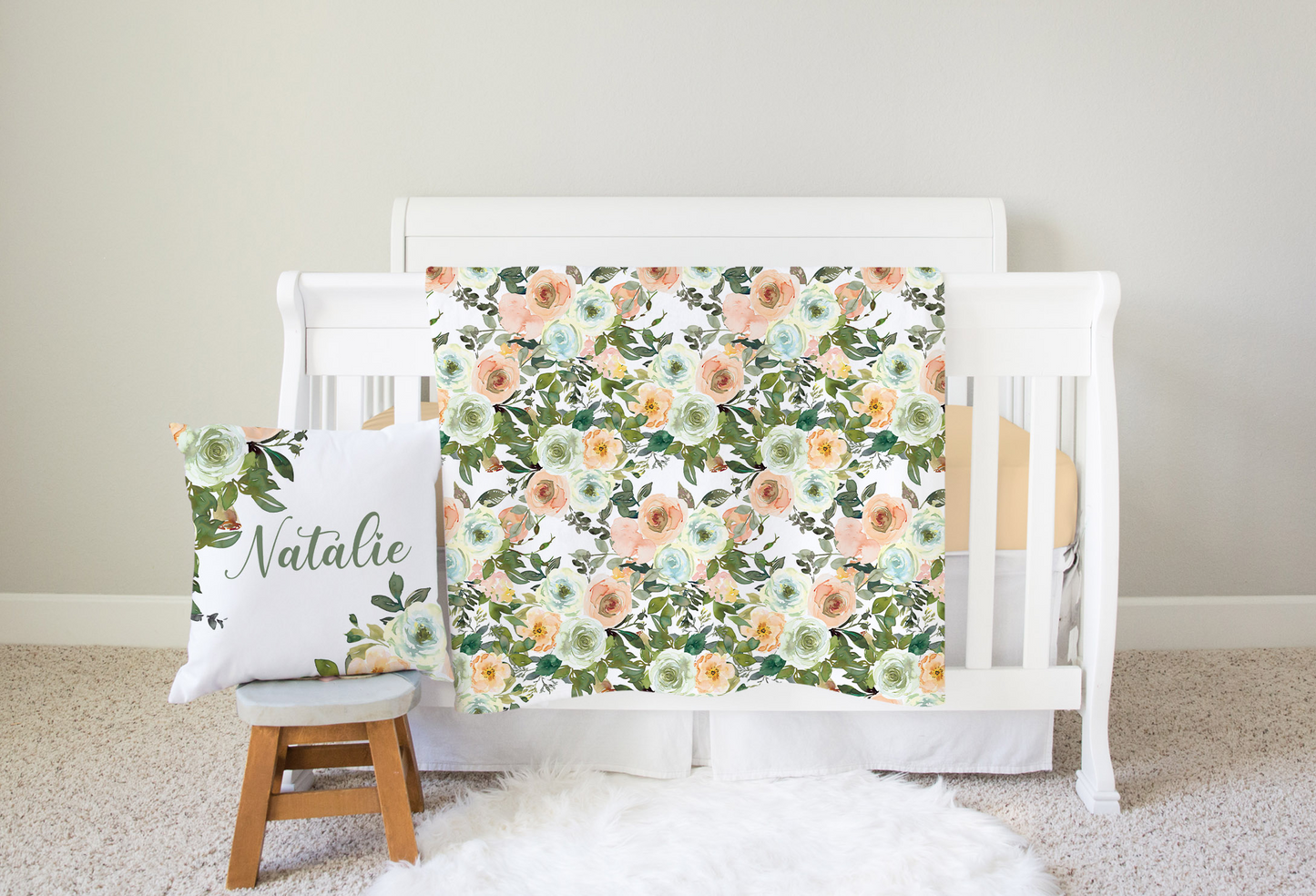 Floral Minky Blanket, Girl Bedding - Peach Mint Garden