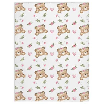 Floral Bear Minky Blanket - Girl Bear Nursery Bedding - Beary Pink