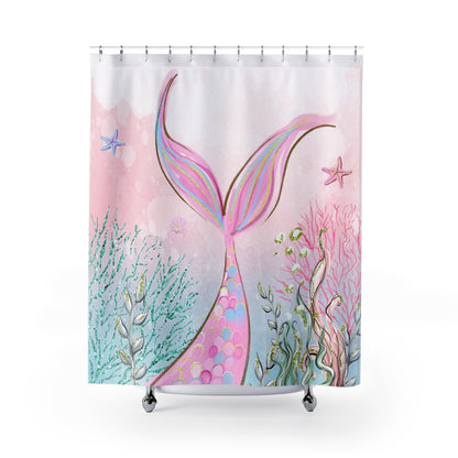 Mermaid Shower Curtain, Mermaid bathroom decor - Pink mermaid