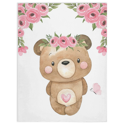 Floral Bear Minky Blanket - Girl Bear Nursery Bedding - Beary Pink