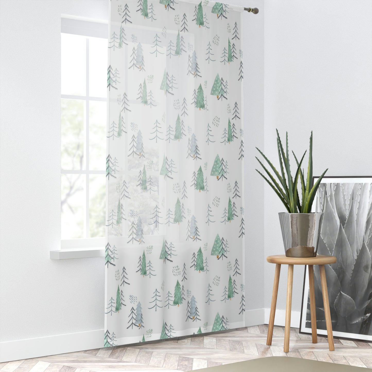 Pine Trees Sheer Curtain, Forest Nursery Decor, Scandi Woodland