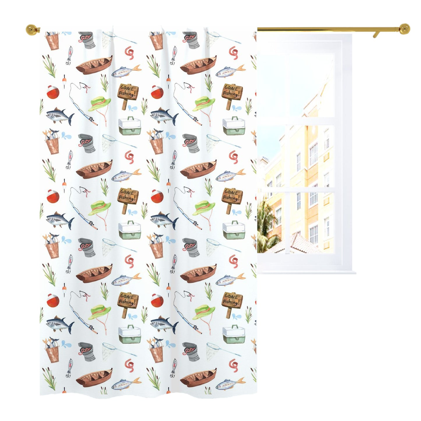 Fishing nursery curtain single panel - Fishing nursery decor - Little fisherman