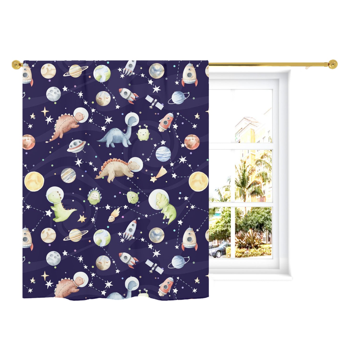 Dinosaur Space Curtain Single Panel, Space Nursery Decor