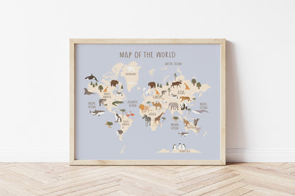 Amimal world map, PRINTABLE world map Wall Art, Educational Nursery Print