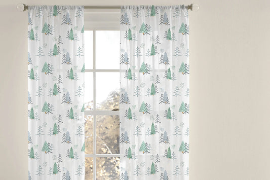 Pine Trees Sheer Curtain, Forest Nursery Decor, Scandi Woodland