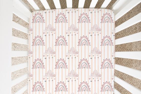 Pink Stripes Rainbow Minky Crib Sheet, Rainbow Nursery Bedding- Blush Rainbow