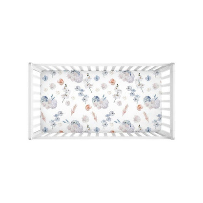 Coral and Dusty Blue Flowers Crib Sheet, Flora Nursery Bedding -Delicate Breeze