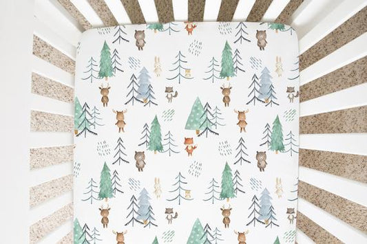 Scandinavian Woodland Crib Sheet, Forest Animals Nursery Bedding - Scandi Woodland