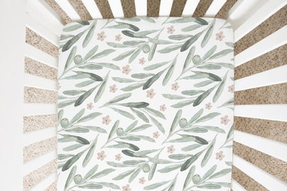 Floral Olives Crib Sheet, Greenery Nursery Bedding